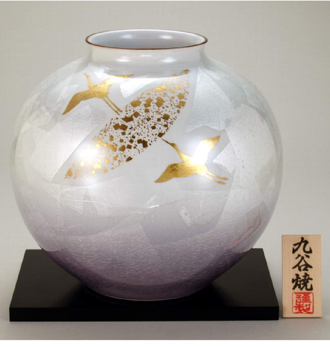 Amazon.co.jp: 九谷焼 N30-07 木台付 花瓶 9号 銀彩金鶴 27×28.5cm 木